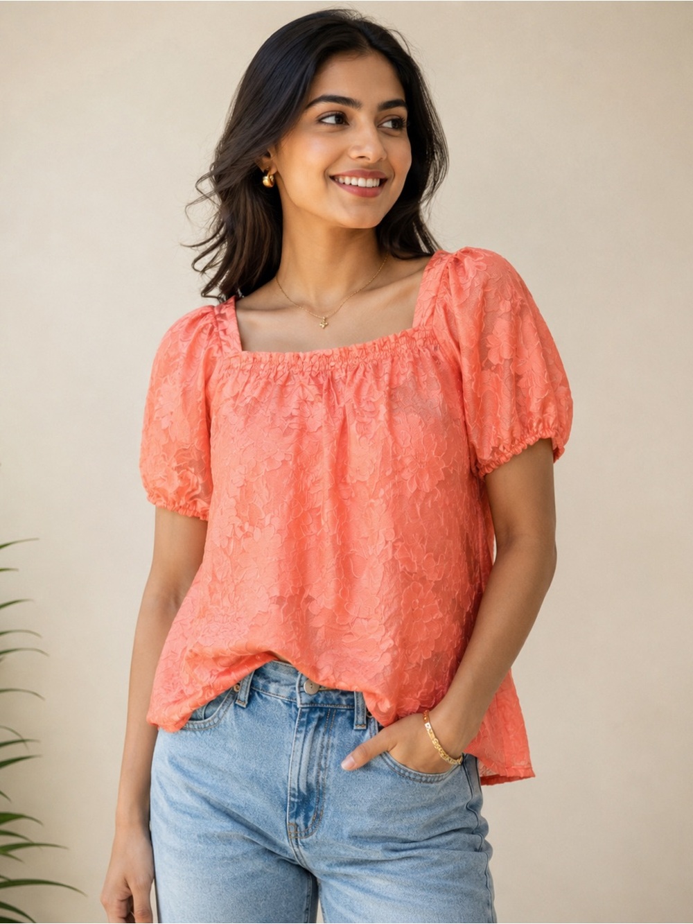 Andthewhy Coral Floral Applique Square Neck Puff Sleeve Blouse Top